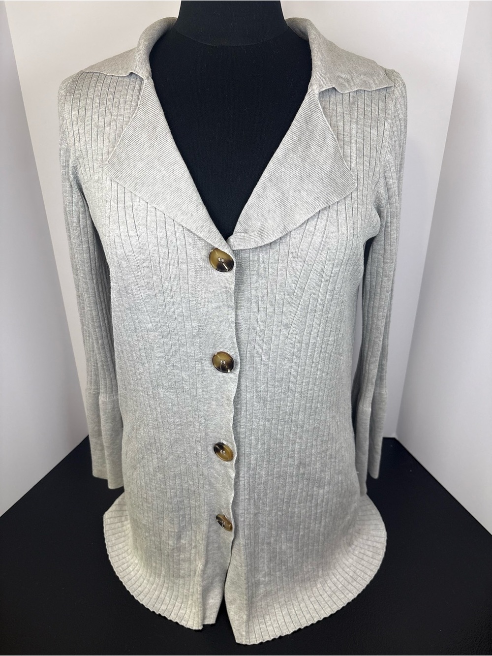 Pink Rose Light Gray Ribbed Button-Front Cardigan